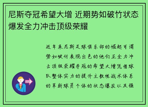 尼斯夺冠希望大增 近期势如破竹状态爆发全力冲击顶级荣耀